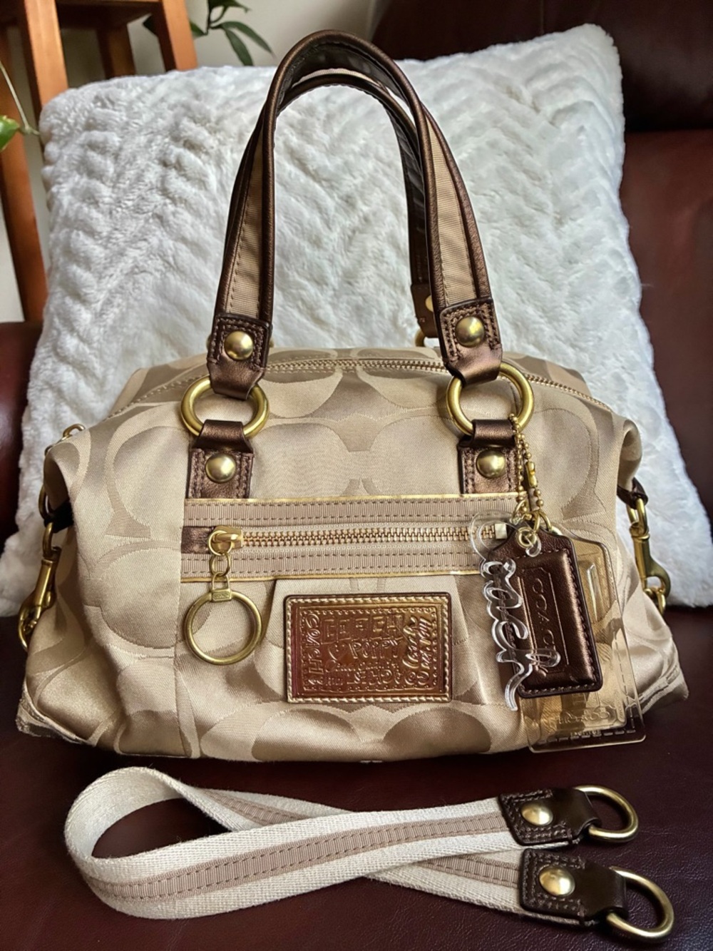 Coach “Poppy” Tan and Brown Signature Convertible Satchel
